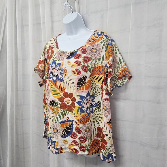 C&C California Orange Blue Floral Blouse Tee Linen Tropical Boho 1X - Picture 5 of 11